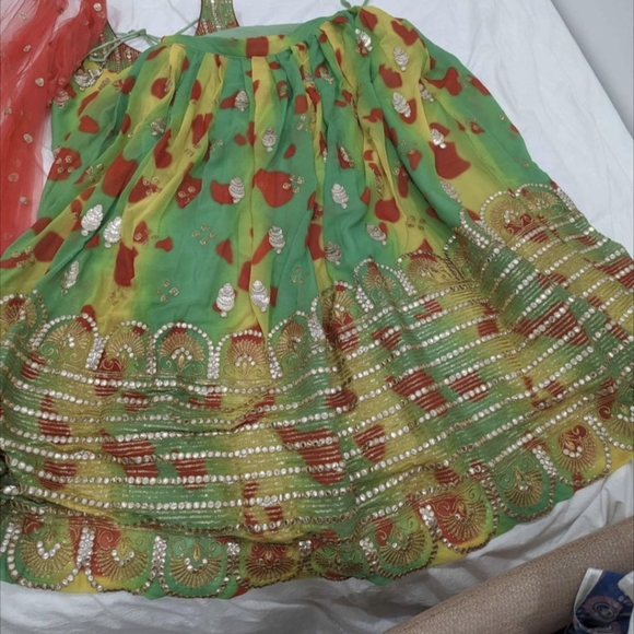 Sangeet / Mehndi green, yellow, red lengha choli - Picture 5 of 9